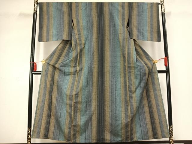 平和屋着物▽上質な紬 単衣 縞 正絹 逸品 AABD0018fy