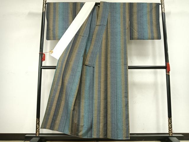 平和屋着物▽上質な紬 単衣 縞 正絹 逸品 AABD0018fy