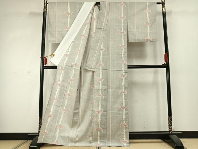 平和屋着物▽翠洸織大島 単衣 扇面文 反端付き 未使用 AABD0020fy
