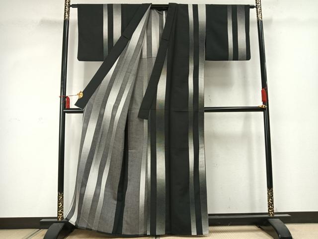 平和屋着物▽小紋　単衣　間道　黒地　洗える着物　AABD0021fy