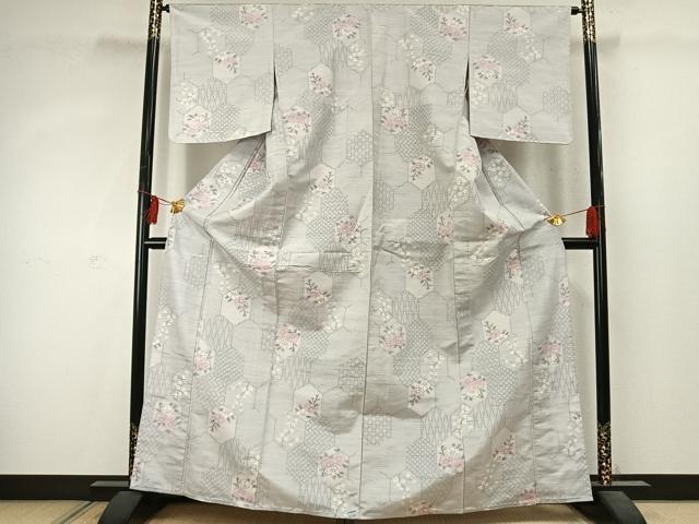 平和屋着物▽上質な紬 単衣 亀甲花文 正絹 逸品 未使用 AABD0024fy