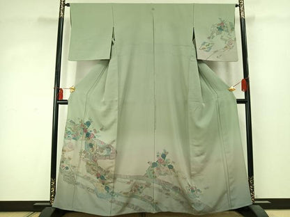 平和屋着物▽訪問着　単衣　中国三大刺繍　汕頭刺繍　スワトウ刺繍　草花文　暈し染め　金銀糸　正絹　逸品　AABD0026fy