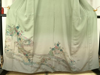 平和屋着物▽訪問着　単衣　中国三大刺繍　汕頭刺繍　スワトウ刺繍　草花文　暈し染め　金銀糸　正絹　逸品　AABD0026fy