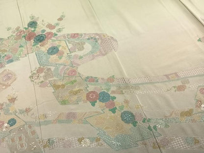 平和屋着物▽訪問着　単衣　中国三大刺繍　汕頭刺繍　スワトウ刺繍　草花文　暈し染め　金銀糸　正絹　逸品　AABD0026fy
