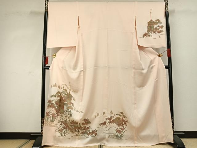 平和屋着物▽訪問着　単衣　風景花文　金彩　正絹　逸品　AABD0029fy