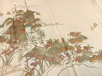 平和屋着物▽訪問着　単衣　風景花文　金彩　正絹　逸品　AABD0029fy
