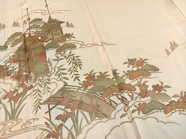 平和屋着物▽訪問着　単衣　風景花文　金彩　正絹　逸品　AABD0029fy