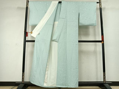 平和屋着物▽上質な色無地 単衣 花丸地紋 錆青磁色 正絹 逸品 AABD0031fy