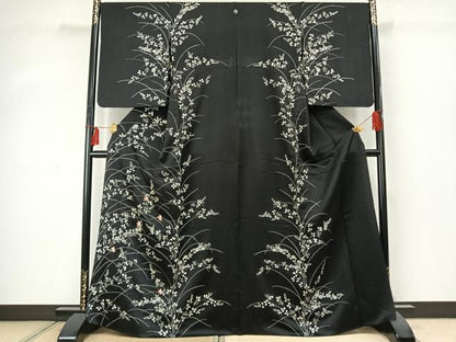 平和屋着物▽訪問着 単衣 刺繍 花蝶文 黒地 正絹 逸品 AABD0032fy