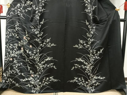 平和屋着物▽訪問着 単衣 刺繍 花蝶文 黒地 正絹 逸品 AABD0032fy