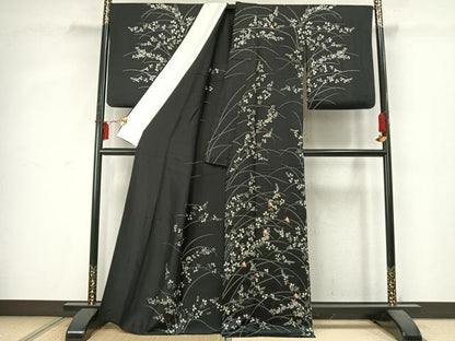 平和屋着物▽訪問着 単衣 刺繍 花蝶文 黒地 正絹 逸品 AABD0032fy