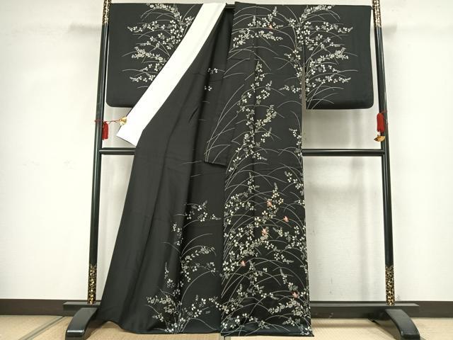 平和屋着物▽訪問着 単衣 刺繍 花蝶文 黒地 正絹 逸品 AABD0032fy