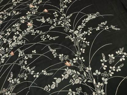 平和屋着物▽訪問着 単衣 刺繍 花蝶文 黒地 正絹 逸品 AABD0032fy