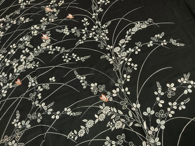 平和屋着物▽訪問着 単衣 刺繍 花蝶文 黒地 正絹 逸品 AABD0032fy