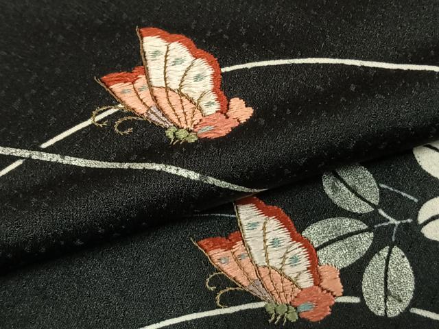平和屋着物▽訪問着 単衣 刺繍 花蝶文 黒地 正絹 逸品 AABD0032fy
