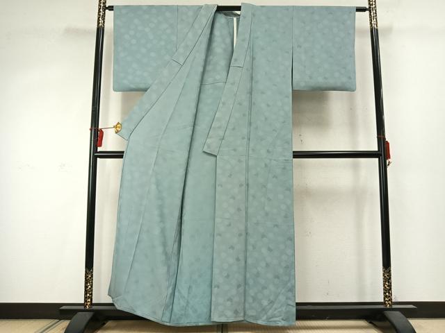 平和屋着物▽上質な色無地 単衣 亀甲重ね地紋 千草色 正絹 逸品 AABD0038fy