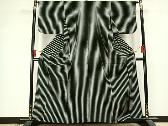 平和屋着物▽お召 単衣 縞 銀通し地 正絹 逸品 AABD0043fy