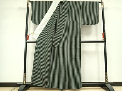 平和屋着物▽お召 単衣 縞 銀通し地 正絹 逸品 AABD0043fy
