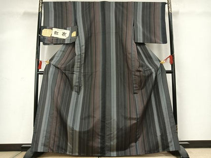 平和屋着物▽上質な紬 単衣 縞 反端付き 正絹 逸品 AABD0047fy