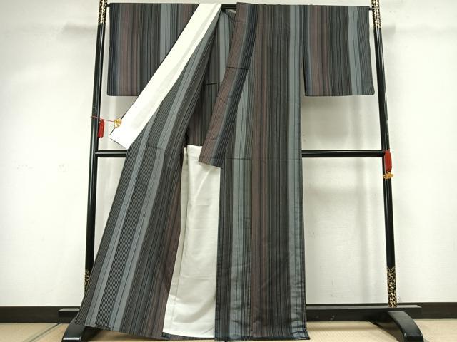 平和屋着物▽上質な紬 単衣 縞 反端付き 正絹 逸品 AABD0047fy