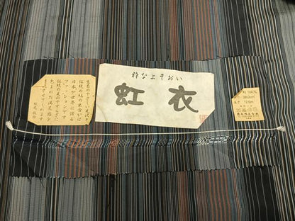 平和屋着物▽上質な紬 単衣 縞 反端付き 正絹 逸品 AABD0047fy