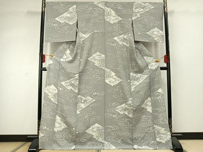 平和屋着物▽上質な小紋 単衣 流水花文 ろうけつ染め ロング丈 正絹 逸品 AABD0048fy