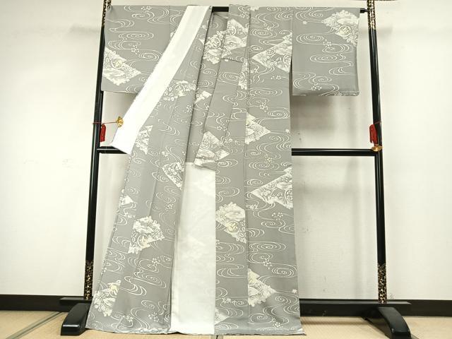 平和屋着物▽上質な小紋 単衣 流水花文 ろうけつ染め ロング丈 正絹 逸品 AABD0048fy