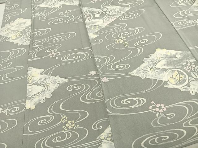 平和屋着物▽上質な小紋 単衣 流水花文 ろうけつ染め ロング丈 正絹 逸品 AABD0048fy