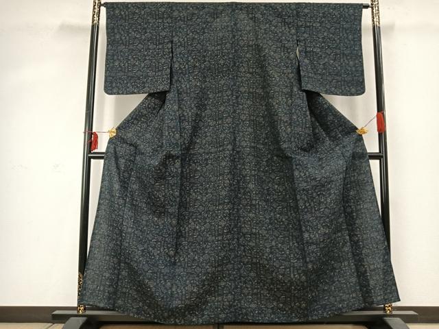 平和屋着物▽結城ちぢみ　単衣　幾何学文様　正絹　逸品　AABD0052fy