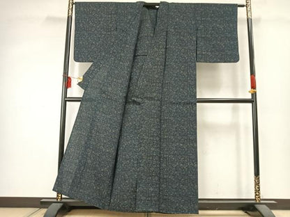 平和屋着物▽結城ちぢみ　単衣　幾何学文様　正絹　逸品　AABD0052fy