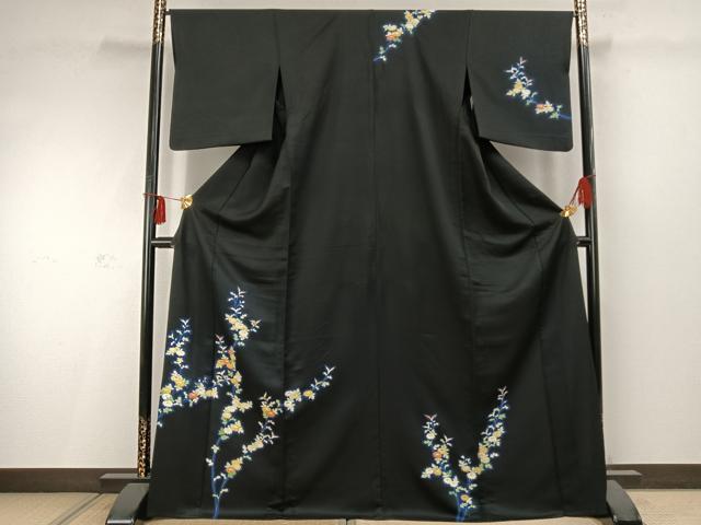 平和屋着物▽訪問着 単衣 草花文 黒地 正絹 逸品 AABD0056fy