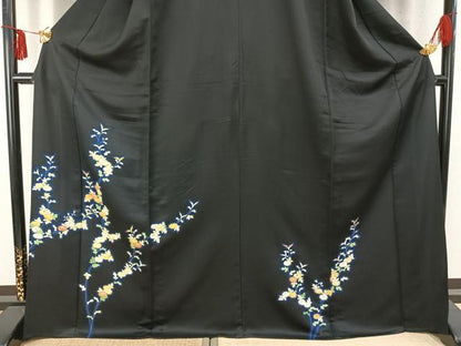 平和屋着物▽訪問着 単衣 草花文 黒地 正絹 逸品 AABD0056fy