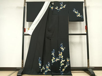平和屋着物▽訪問着 単衣 草花文 黒地 正絹 逸品 AABD0056fy