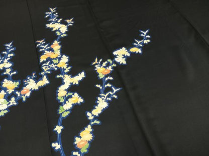 平和屋着物▽訪問着 単衣 草花文 黒地 正絹 逸品 AABD0056fy
