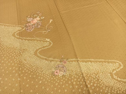 平和屋着物▽訪問着 単衣 駒刺繍 片輪車花文 正絹 逸品 AABD0058fy