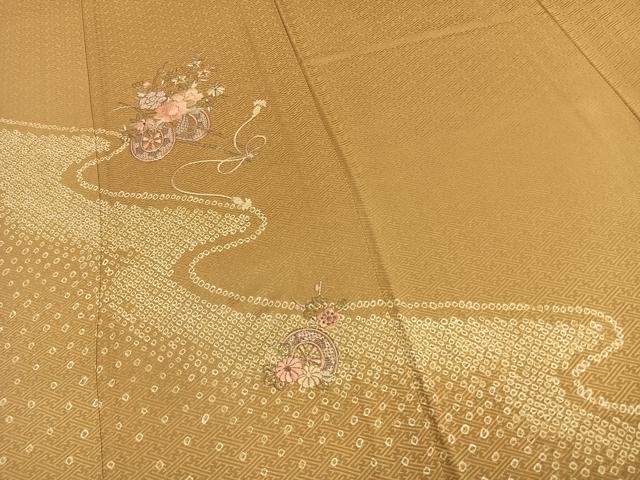 平和屋着物▽訪問着 単衣 駒刺繍 片輪車花文 正絹 逸品 AABD0058fy