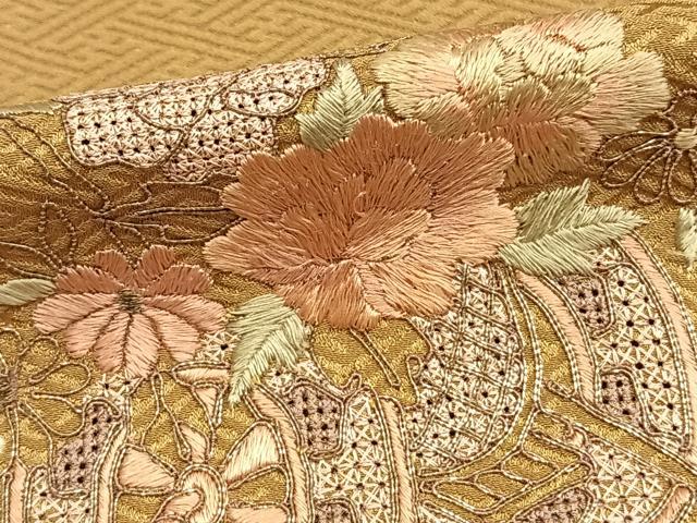 平和屋着物▽訪問着 単衣 駒刺繍 片輪車花文 正絹 逸品 AABD0058fy
