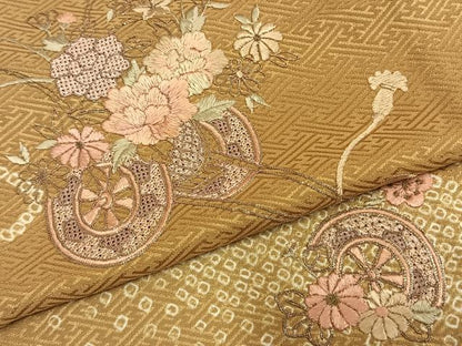 平和屋着物▽訪問着 単衣 駒刺繍 片輪車花文 正絹 逸品 AABD0058fy