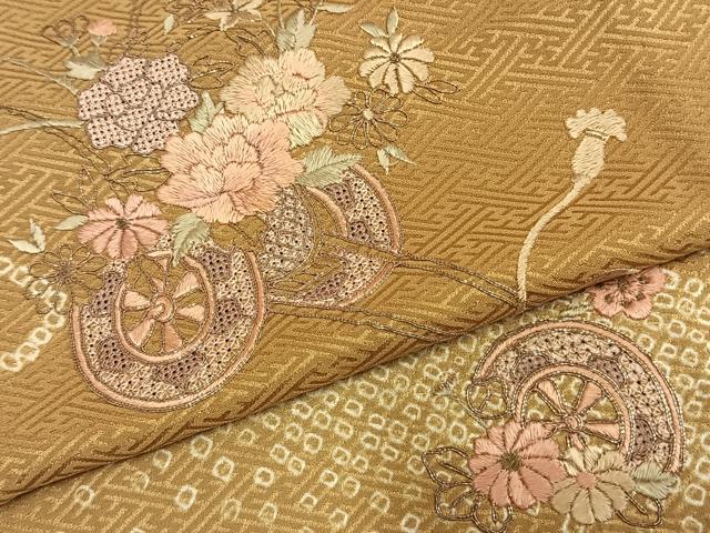 平和屋着物▽訪問着 単衣 駒刺繍 片輪車花文 正絹 逸品 AABD0058fy