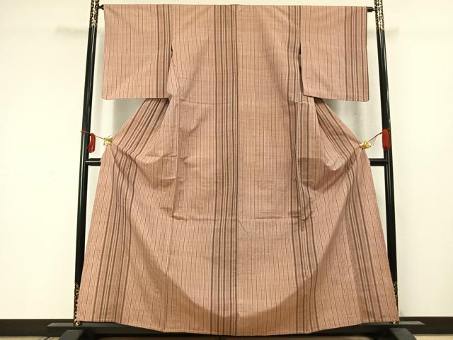 平和屋着物▽上質な紬 単衣 縞 正絹 逸品 AABD0059fy