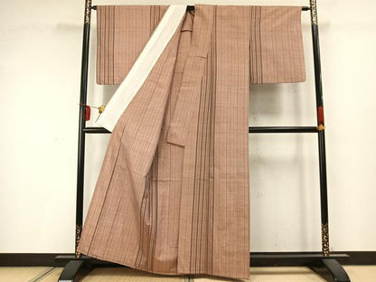 平和屋着物▽上質な紬 単衣 縞 正絹 逸品 AABD0059fy