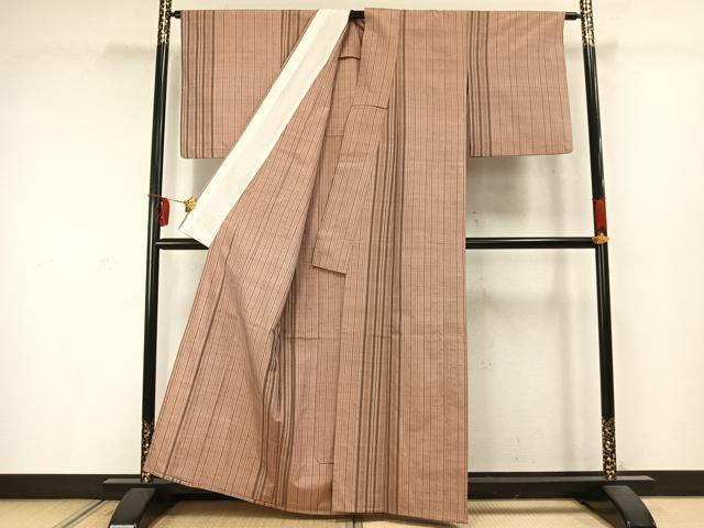 平和屋着物▽上質な紬 単衣 縞 正絹 逸品 AABD0059fy