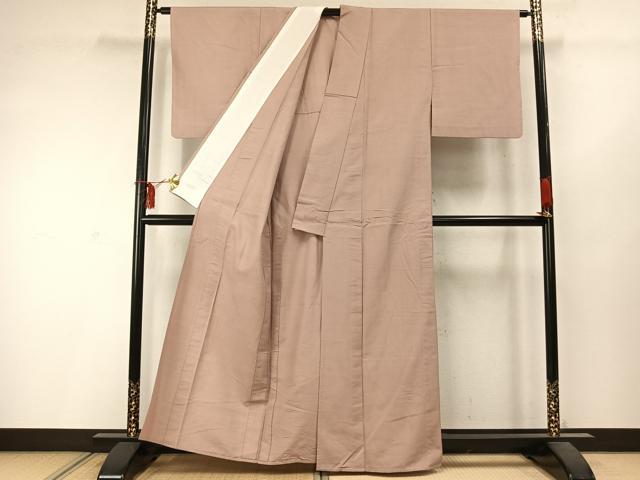 平和屋着物▽上質な紬　単衣　色無地　灰桜色　正絹　逸品　AABD0060fy