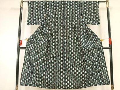 平和屋着物●久留米絣　単衣　市松文様　綿　逸品　AABD0066fy