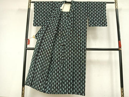 平和屋着物●久留米絣　単衣　市松文様　綿　逸品　AABD0066fy