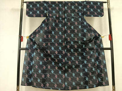 平和屋着物●久留米絣　単衣　幾何学文様　綿　逸品　AABD0067fy