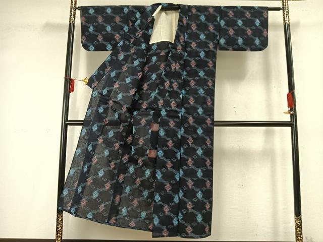 平和屋着物●久留米絣　単衣　幾何学文様　綿　逸品　AABD0067fy