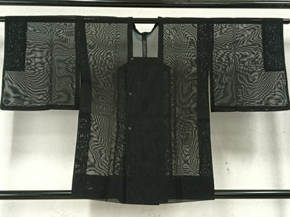 平和屋着物▽二部式 道行コート スリーシーズン 春夏秋 塵除け 黒地 正絹 逸品 AABD0069fy