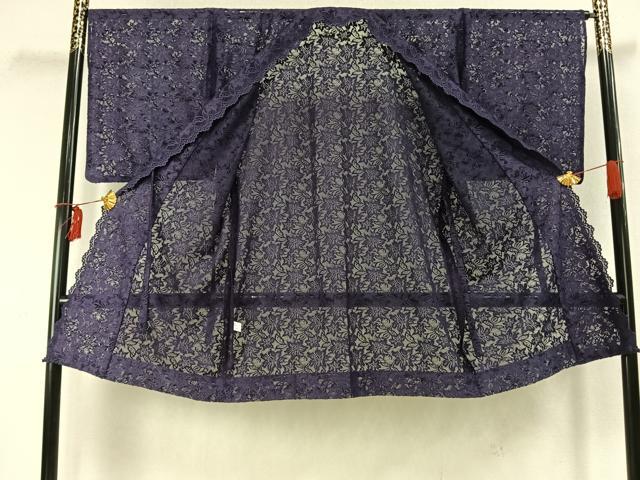 平和屋着物▽道中着　スリーシーズン　春夏秋　塵除け　総レース　草花地紋　本紫色　ロング丈　洗える着物　AABD0075fy