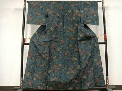 平和屋着物▽上質な紬 単衣 唐草花文 正絹 逸品 AABD0080fy